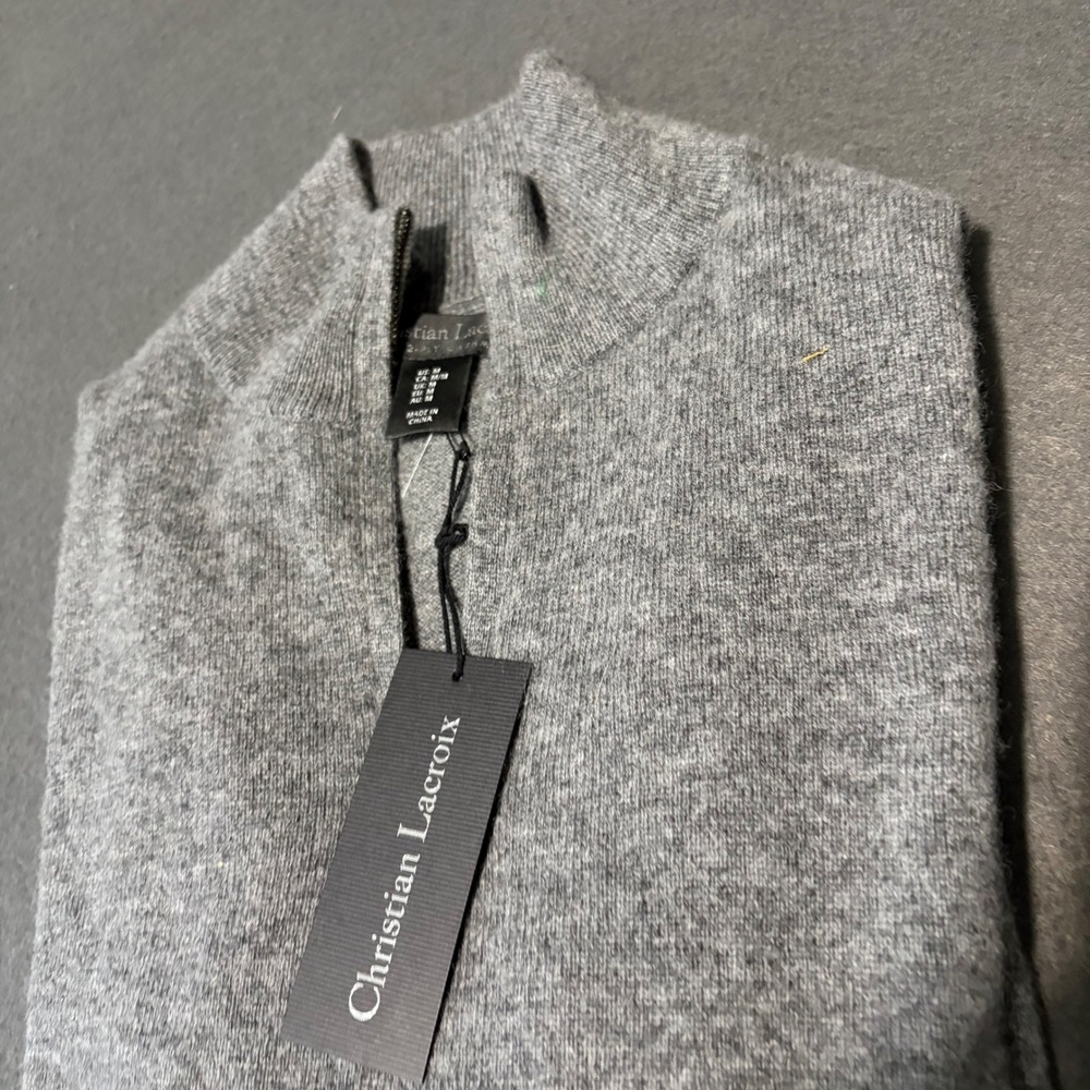NWT Christian Lacroix Cashmere Quarter Zip Sweater Mens Medium Grey Fall Luxury - Picture 2 of 8